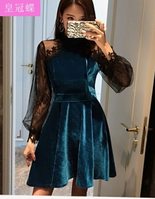 [해외] 섹시한 드레스 랜턴 소매 벨벳 드레스 레이스