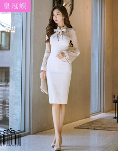[해외] 칼라 슬리브 레이스 바느질 숙녀 드레스