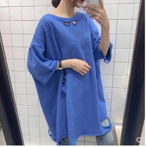 [해외] 인기신상품 여성티셔츠 여름 반소매 라운드넥 대미지
