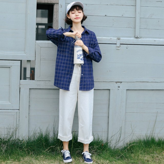 [해외] TOP신상 여성 체크무늬 느슨한 캐주얼 셔츠