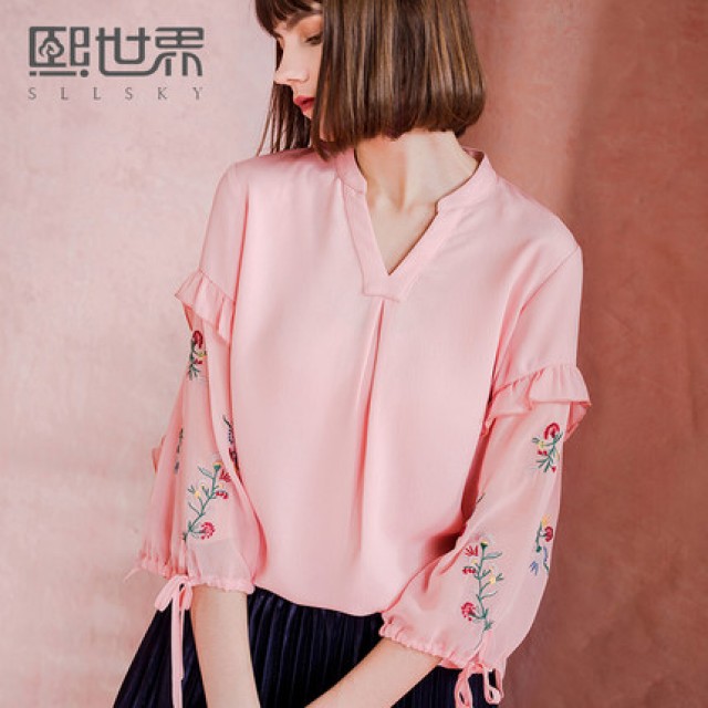 [해외] HOT신상 여성 꽃무늬자수 쉬폰티셔츠 벌룬소매 셔츠