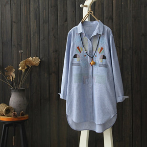 [해외] TOP신상 패션 캐주얼 여성 자수 체크무늬 복고 면마 미니얼 민족풍 롱셔츠
