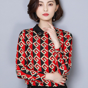 [해외] HOT신상 봄 여성 패션 무늬 쉬폰 티셔츠 스탠칼라 캐주얼티셔츠
