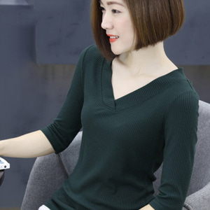 [해외] HOT신상 봄 여성 브이넥 니트 캐주얼티셔츠 7부소매 티셔츠