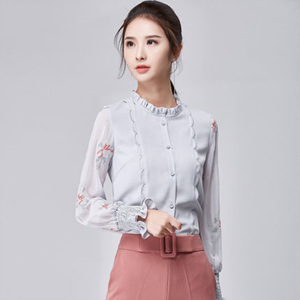 [해외] HOT신상 여성 꽃무늬자수 블라우스 쉬폰 티셔츠 캐주얼 티셔츠
