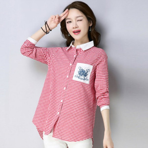 [해외] HOT신상 봄 여성 체크남방 배색 티셔츠 패션 캐주얼티셔츠