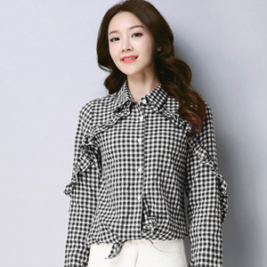 [해외] HOT신상 봄 여성 체크남방 티셔츠 배색 빅사이즈 귀여운 캐주얼티셔츠