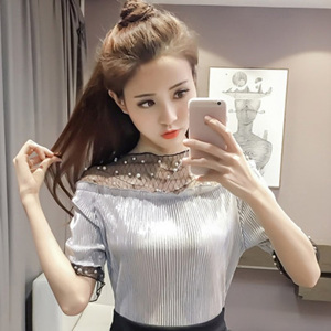 [해외] HOT신상 봄 여성 패션 캐주얼티셔츠 망사쉬폰 티셔츠 보트넥 티셔츠