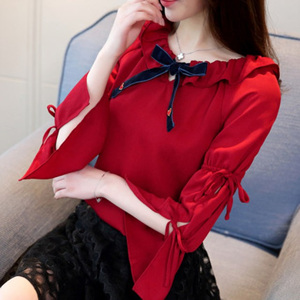 [해외] HOT신상 봄 여성 패션 나팔소매 캐주얼티셔츠 리본 티셔츠 보트넥 티셔츠
