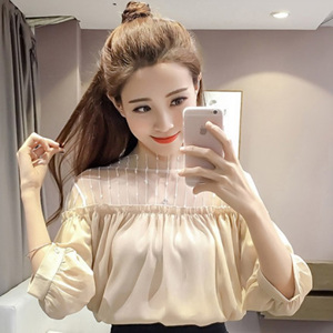 [해외] HOT신상 봄 여성 패션 캐주얼티셔츠 쉬폰망사 티셔츠 배색 티셔츠