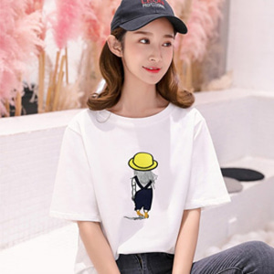 [해외] TOP신상 패션 캐주얼 여성 미니얼 순색 자수 귀여운 반소매 티셔츠