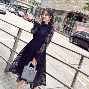 [해외] 검은색 슬림 레이스 드레스 봄 긴 치마의 2018