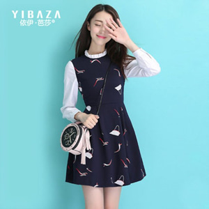 [해외] 봄 한국 여성 신상 스윗 스플 라이스 자수 프린팅 투피스 드레스