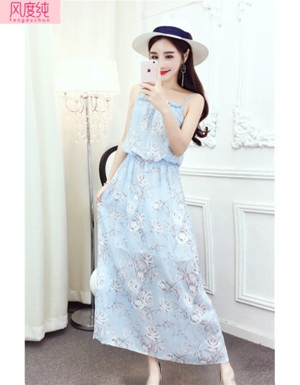 [해외] 여름 신선한 꽃 쉬폰 하네스 여성 드레스