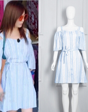 [해외] 단락 스트라이프 블루 프린트 끈이 없는 드레스