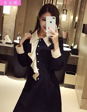 [해외] OL 히트 컬러 옷깃 하나의 가슴 허리는 검은 색 긴 소매 드레스