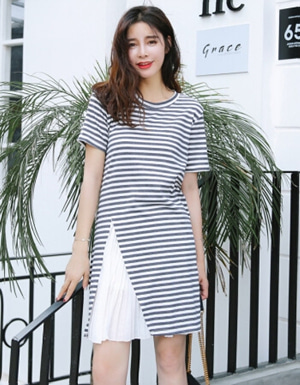 [해외] 2018년 봄 반소매 줄무늬 T 셔츠 드레스