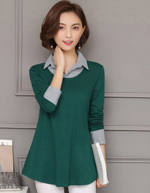 [해외] 2018년 봄 빅사이즈 인형 칼라 긴 소매 솔리드 컬러 드레스 셔츠