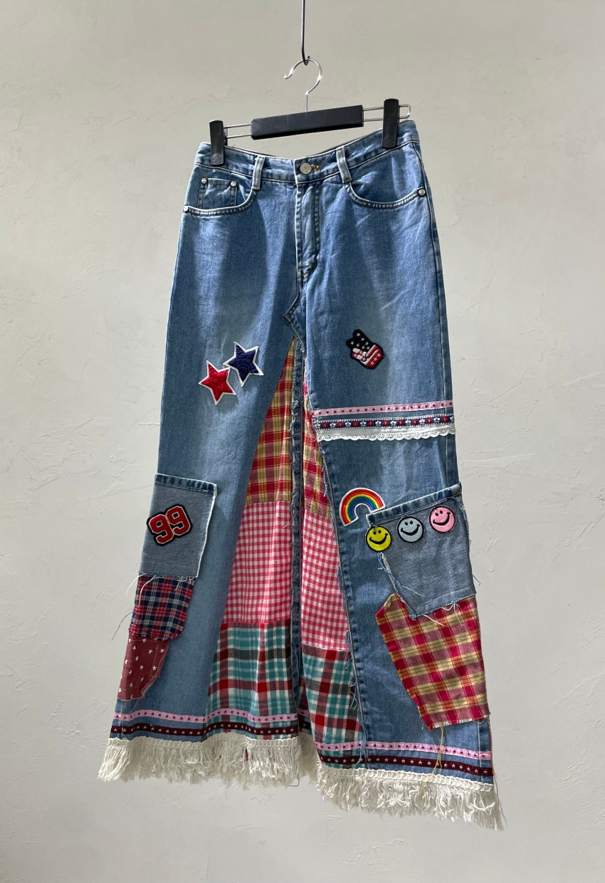 Vintage Hippie Patchwork Denim Skirt