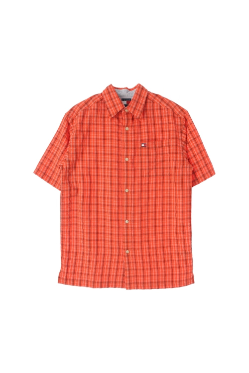 타미힐피거 (Man - M) 레이온 폴리 자수 플래그 로고 체크 패턴 반팔 셔츠