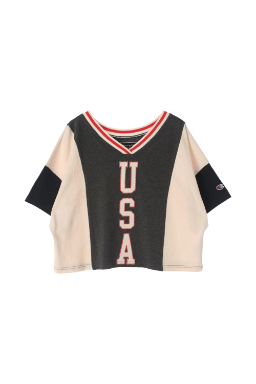 챔피온 (Woman - L) 코튼 로고 USA 브이넥 크롭 반팔 티셔츠