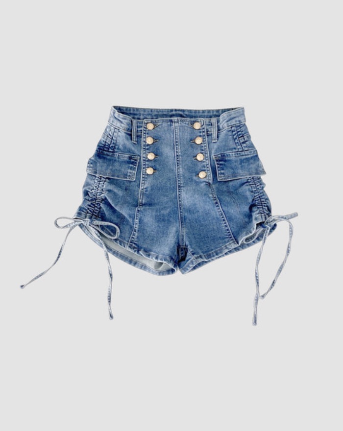 shirring strap gold button pocket denim high waist short pants