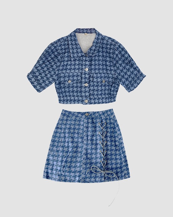 blue houndstooth short sleeve crop jacket &amp; eyelet mini skirt set