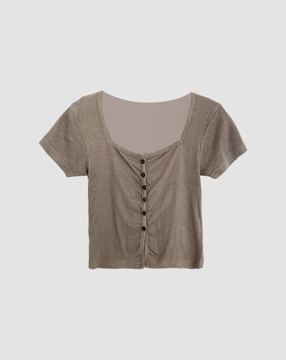 square neck split button short sleeve cardigan