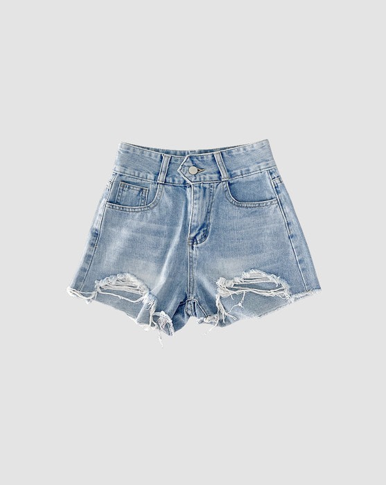 denim cotton washed destroyed high waist short pants