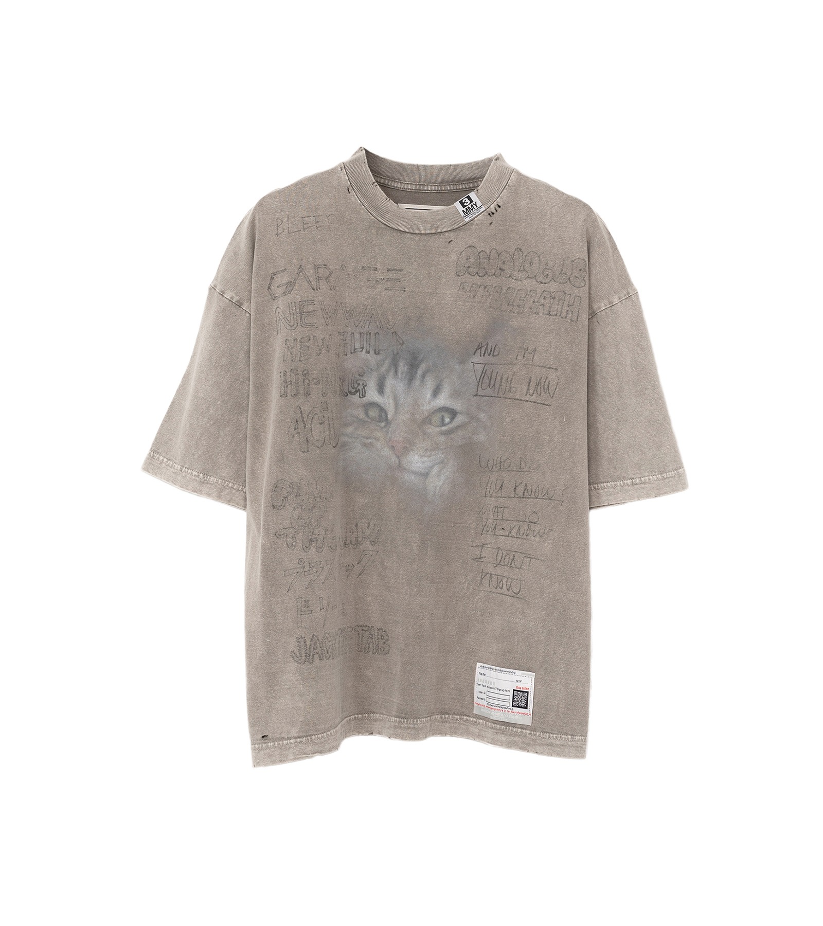Cat Print Bleached T-shirt (Beige)