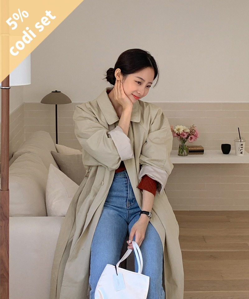 Single Bread Trench Coat + Mayby Wool Collar Knit + Forge Autumn Denim Pants Women&#039;s Clothing Shopping Mall DALTT