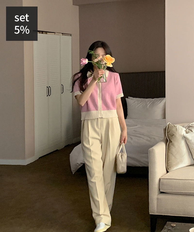ベラ配色カーディガン+モントワイドピンタックスラックス 韓国ファッション通販 ダルトゥ