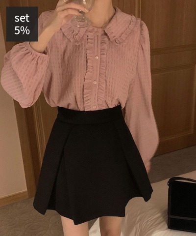 ボーイングカラーブラウス+コードミニスカート（ウール50％） 韓国ファッション通販 ダルトゥ