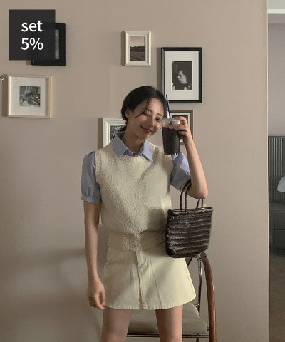 ノーチッドチェックブラウス+エットンニットベスト+シャベットカラースカート 韓国ファッション通販 ダルトゥ