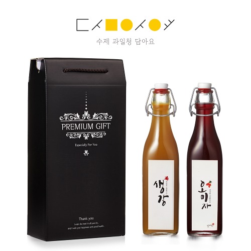 [2구 수입유리병 선물세트] 생강청(유기농설탕) 650g + 오미자청(일반설탕) 650g 2구 SET