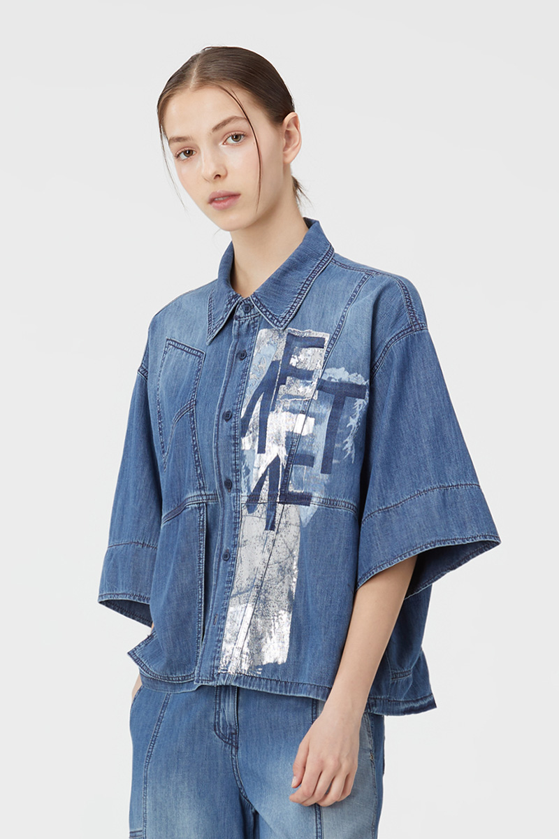 AIDEN PRINT DENIM BLOUSE BLUE