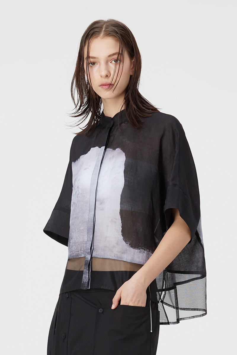 MESH PANELED PRINT BLOUSE BLACK PT