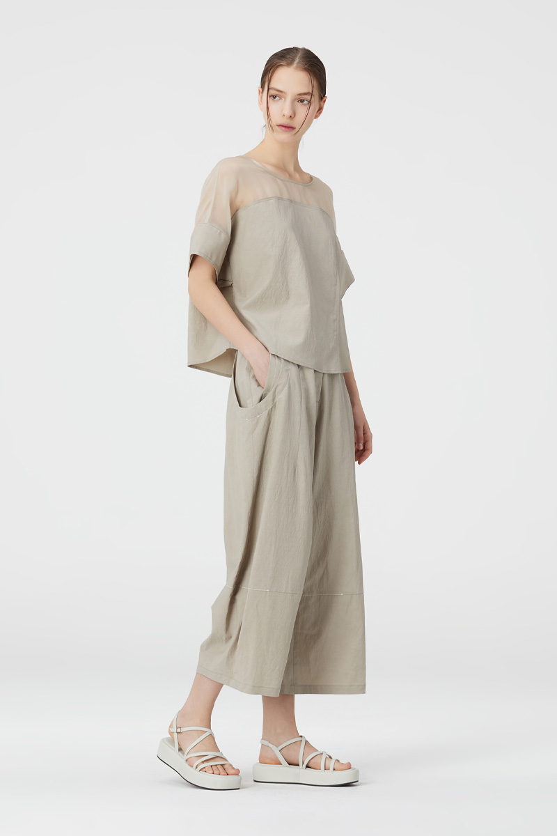 CONTRAST LINE STITCH PANTS BEIGE