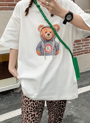 [캐주얼/데일리] 후드 곰돌이 프린팅 루즈핏 반팔 티셔츠