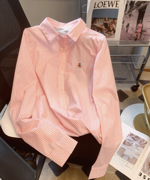 핑크 자수 줄무늬셔츠