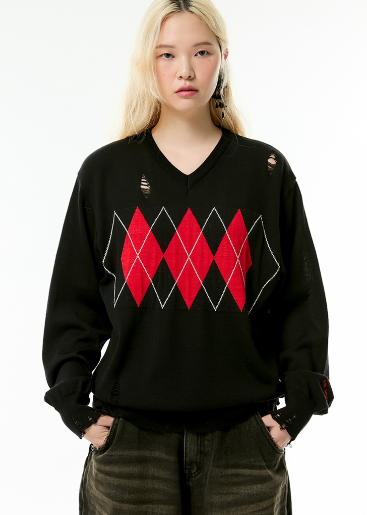 v-neck damage argyle knit (black)