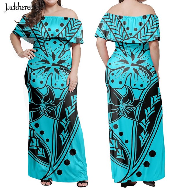 JACKHERELOOK 블루 하와이안 드레스 여성용 폴리네시아 부족 플라워 히비스커스 프린트 우아한 파티 오프 숄더 맥시 MUJER