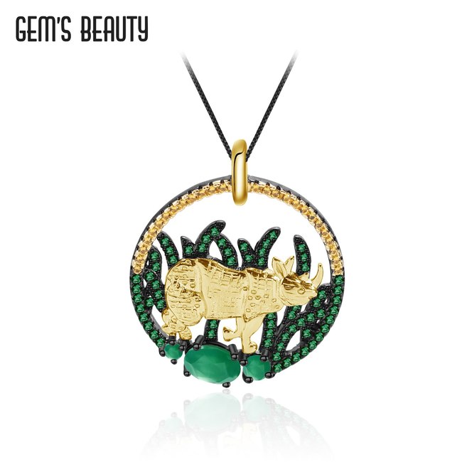 GEM&#039;S BEAUTY 925실버 천연 녹색 마노 목걸이 18K 골드 여성용 코뿔소 낭만주의 선물