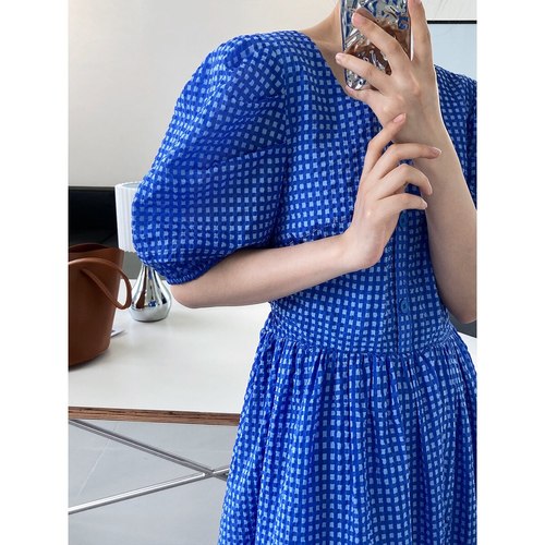 프렌치 스퀘어 넥 버블 소매 소금 수축 텍스처 체크 드레스 하이 웨이스트 블루 스윙