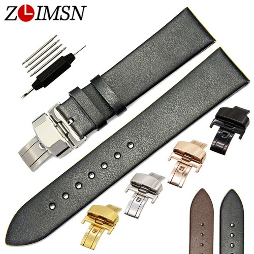 ZLIMSN 블랙 정품 가죽 시계 밴드 배포 걸쇠 18 20 22MM 여성 교체 부품 RELOJES HOMBRE