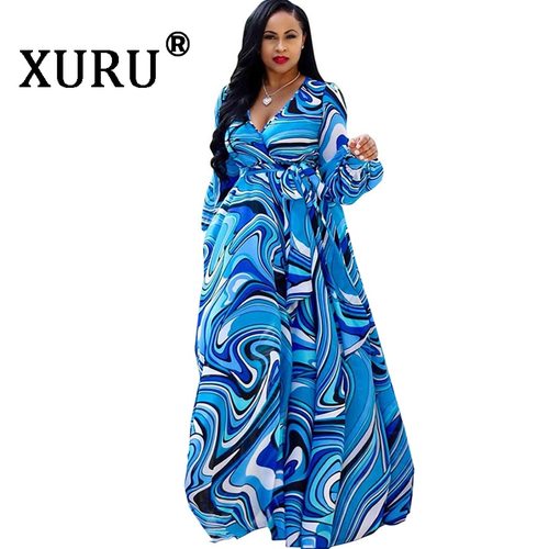 XURU 시폰 프린트 드레스 비치 대형 S-5XL 여자 긴  V 넥 캐주얼 루즈