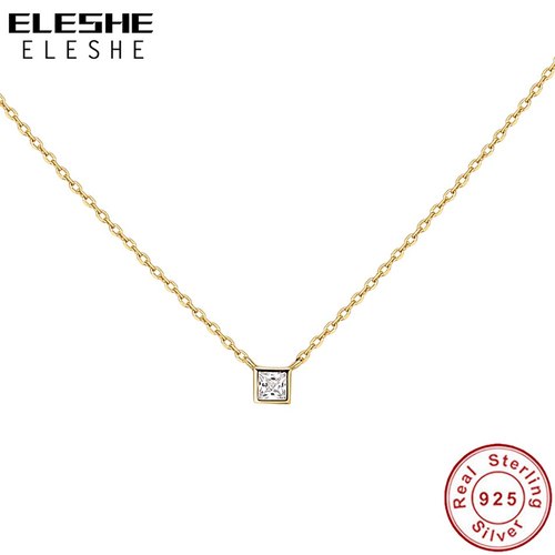 ELESHE-진짜 925 실버 작은 사각형 트윙클 다이아몬드 목걸이 18K 황금 도금 여성  패션 웨딩 쥬얼리
