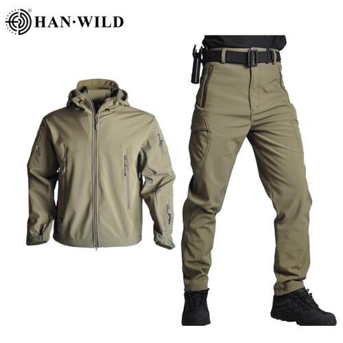HAN WILD 남자 전술 소프트쉘 재킷 사냥복 카모 밀리터리 바지 하이킹 세트 의상