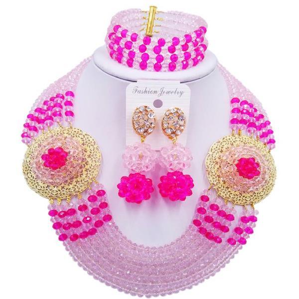 나이지리아 핑크 자홍색 핑크 걸스 크리스탈 비즈 목걸이 귀걸이 세트 기념일 선물 6CSPHJZ21