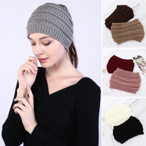 1PCS THICKEN HEADWEAR TURBAN HEADWRAPS 여자 소녀 포니 테일 비니 모자 헤어 밴드 뜨개질 머리띠 귀 따뜻하게